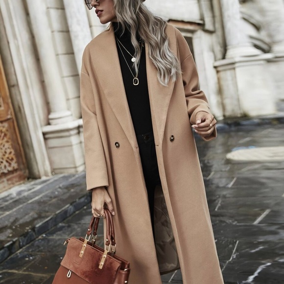 camel tan button long fall trench pea coat fall - Picture 4 of 7